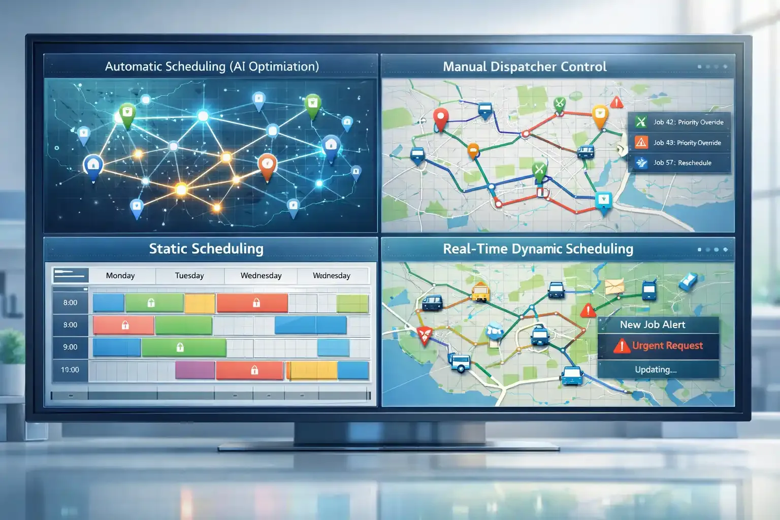 Field service dashboard showing four scheduling methods and models